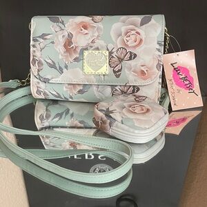 Betsy Johnson Floral Crossbody Bag in Mint and Pink